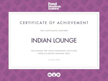 Indian Lounge Edinburgh & Glasgow certificate of achievement - Food Standards Scotland.